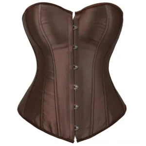 Strapless brown steampunk corset with front metal button details and vertical boning seams, flat front view