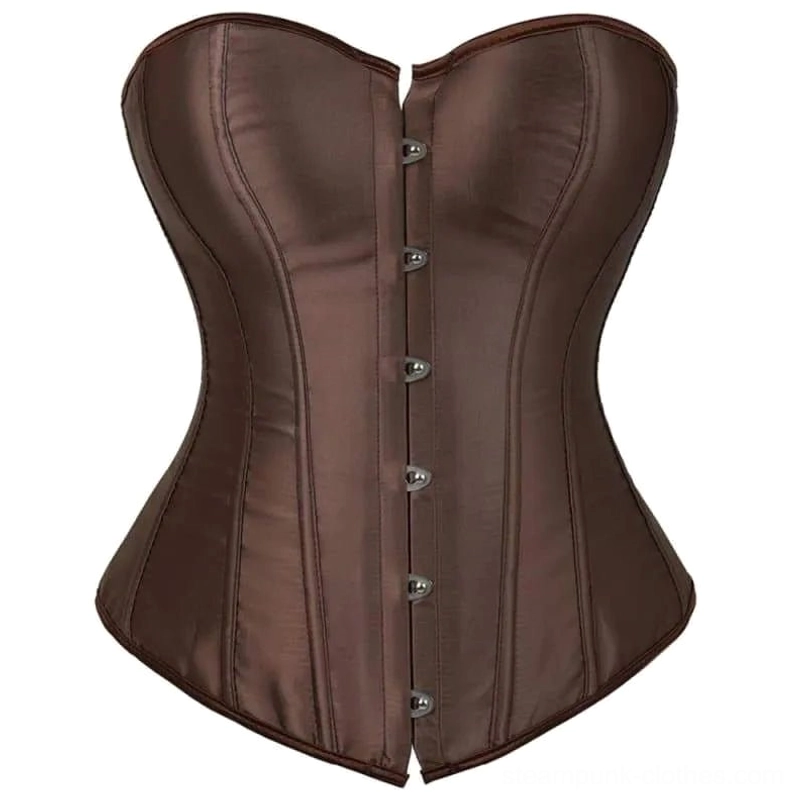 Strapless brown steampunk corset with front metal button details and vertical boning seams, flat front view