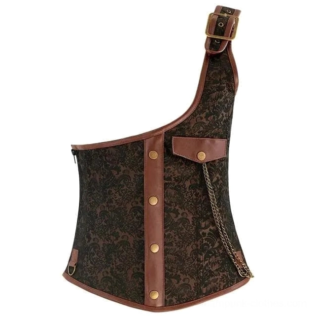 Brown steampunk corset front side view featuring jacquard weave, brown leather trim, and metal button chain details
