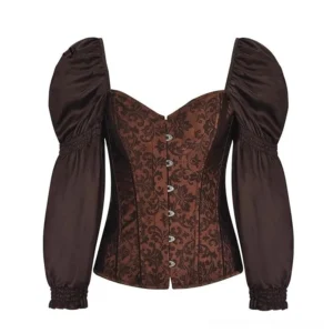 Brown floral jacquard steampunk corset with long sleeves, flat lay front view
