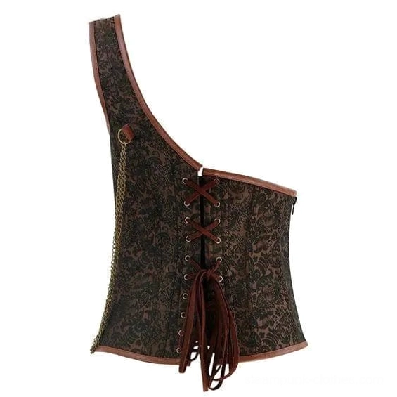 Side back view of brown steampunk corset displaying lace-up closure system and metal chain decorative elements
