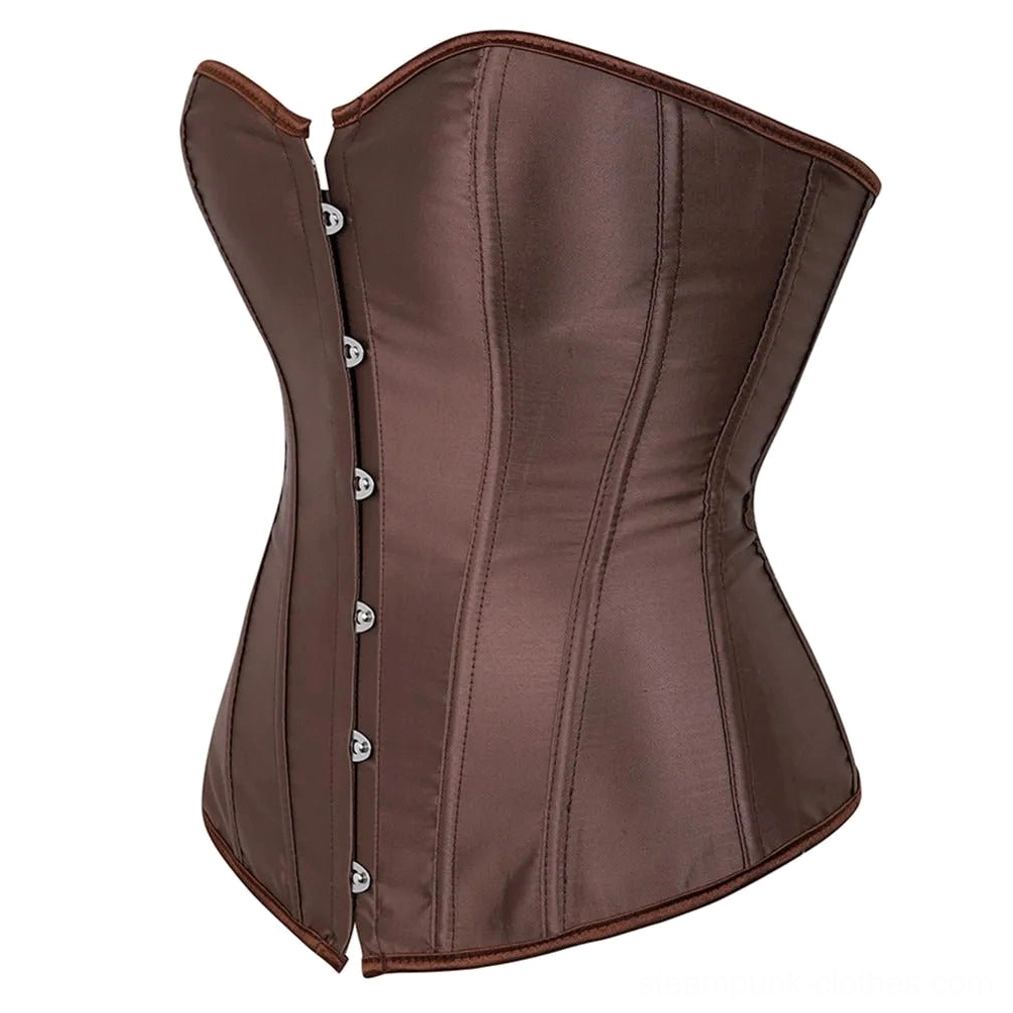Brown steampunk corset side profile showing vertical boned seams and side button closures, three-quarter side view