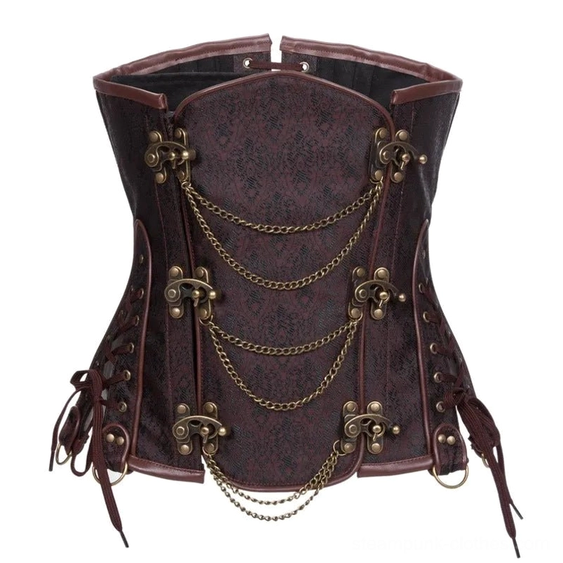 Brown steampunk corset waist cincher with bronze metal chains and brown leather trim, jacquard fabric construction, product detail shot