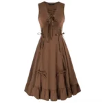 Brown steampunk summer dress flat lay front view showing lace-up bodice detail and ruffled asymmetric hemline