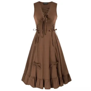 Brown steampunk summer dress flat lay front view showing lace-up bodice detail and ruffled asymmetric hemline