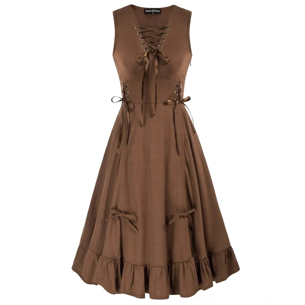 Brown steampunk summer dress flat lay front view showing lace-up bodice detail and ruffled asymmetric hemline