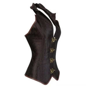 Brown steampunk halter corset left side view showing jacquard texture, brown trim, and gold toggle clasp details