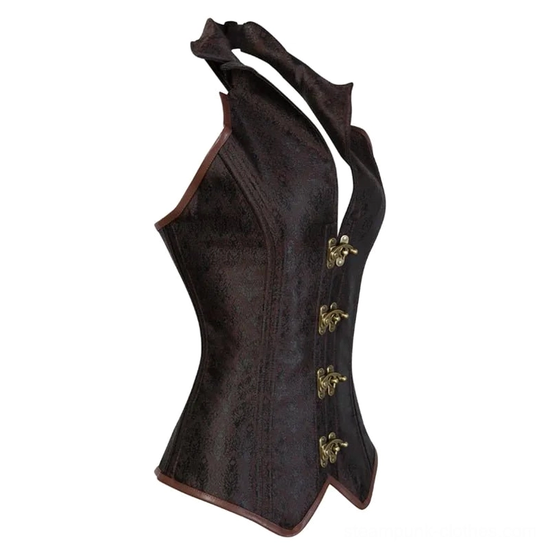 Brown steampunk halter corset left side view showing jacquard texture, brown trim, and gold toggle clasp details