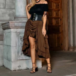 Brown steampunk high-low ruffle skirt with layered details, styled with black off-shoulder top and leather waist corset on female model in front-side view at vintage stone building entrance