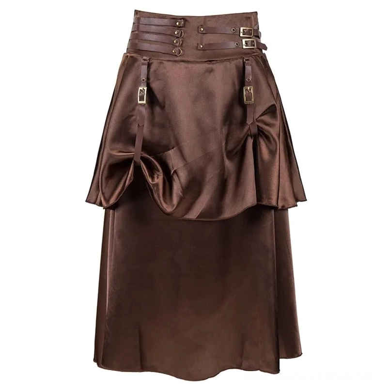 Brown steampunk high-low skirt with satin fabric, buckle straps and draped front pocket details, product flat lay