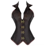 Brown steampunk jacquard halter corset front view with gold toggle fasteners and folded lapel collar detail