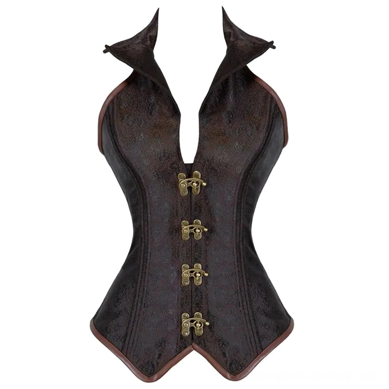 Brown steampunk jacquard halter corset front view with gold toggle fasteners and folded lapel collar detail