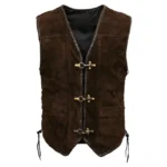Brown suede steampunk leather vest with bronze toggle closures and side lace-up details, front view on studio white background