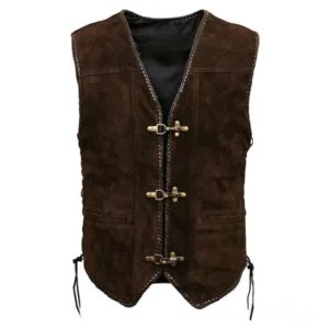 Brown suede steampunk leather vest with bronze toggle closures and side lace-up details, front view on studio white background