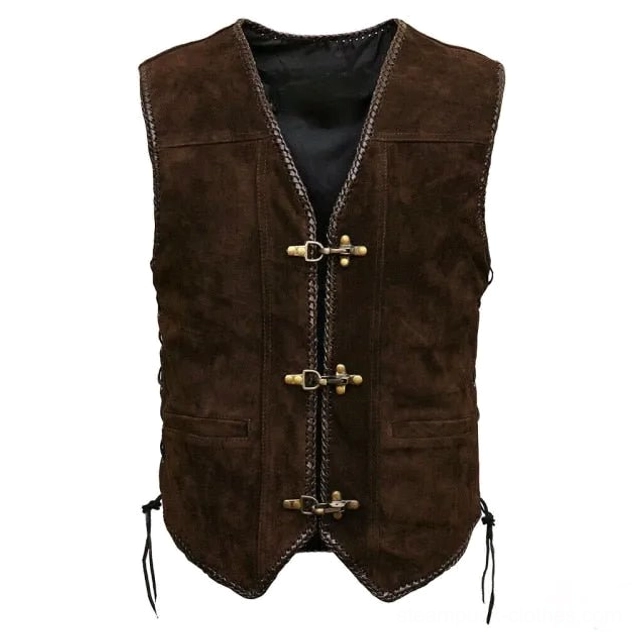 Brown suede steampunk leather vest with bronze toggle closures and side lace-up details, front view on studio white background