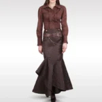 Brown damask jacquard steampunk mermaid skirt with leather waist pouch and metal chains, worn by female model with matching corset on minimalist white background
