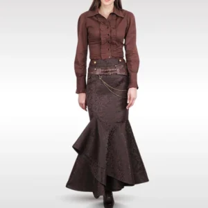 Brown damask jacquard steampunk mermaid skirt with leather waist pouch and metal chains, worn by female model with matching corset on minimalist white background