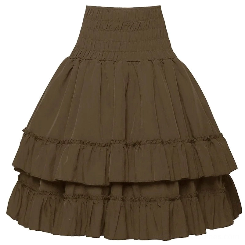 Brown high-waisted steampunk skirt with smocked waist and double ruffled hem creating full midi silhouette