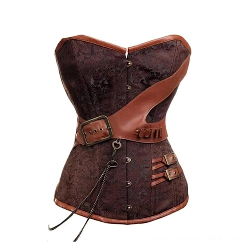Brown jacquard steampunk overbust corset with leather shoulder strap and buckled waist belt, chain tassel detail, full product view
