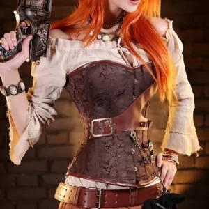 Brown damask jacquard steampunk overbust corset with leather shoulder straps and chain ornaments, front view on model with red hair