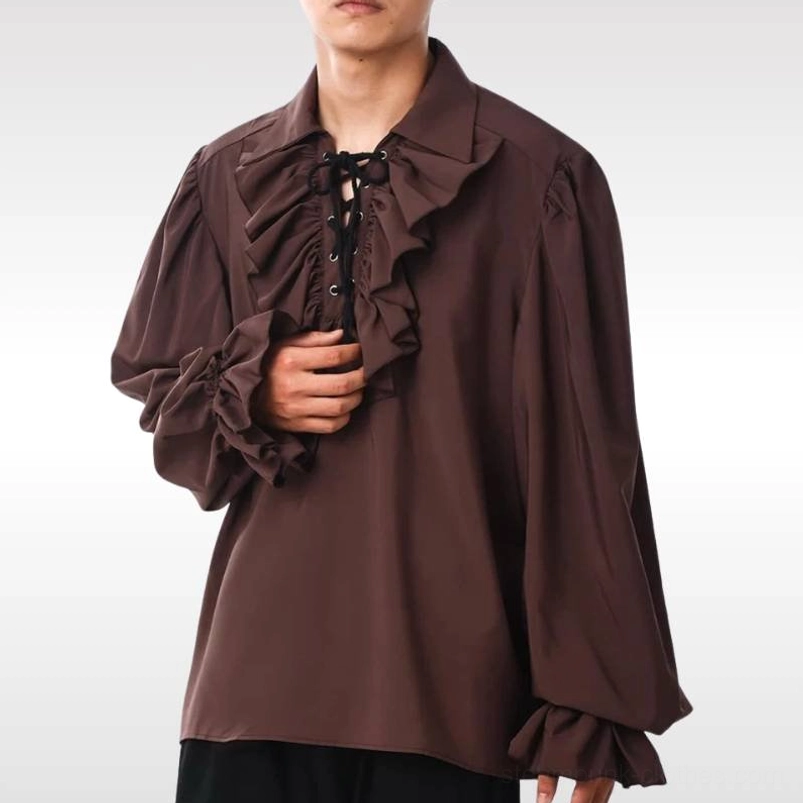 Brown steampunk ruffled shirt with lace-up front placket and voluminous puff sleeves, front three-quarter view on male model