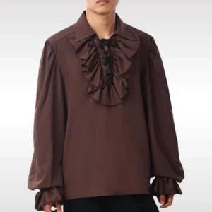 Brown steampunk blouse with ornate ruffled collar, dramatic flared sleeves and lace-up Victorian front, frontal view