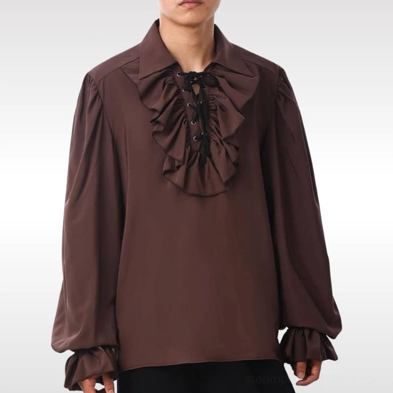 Brown steampunk blouse with ornate ruffled collar, dramatic flared sleeves and lace-up Victorian front, frontal view