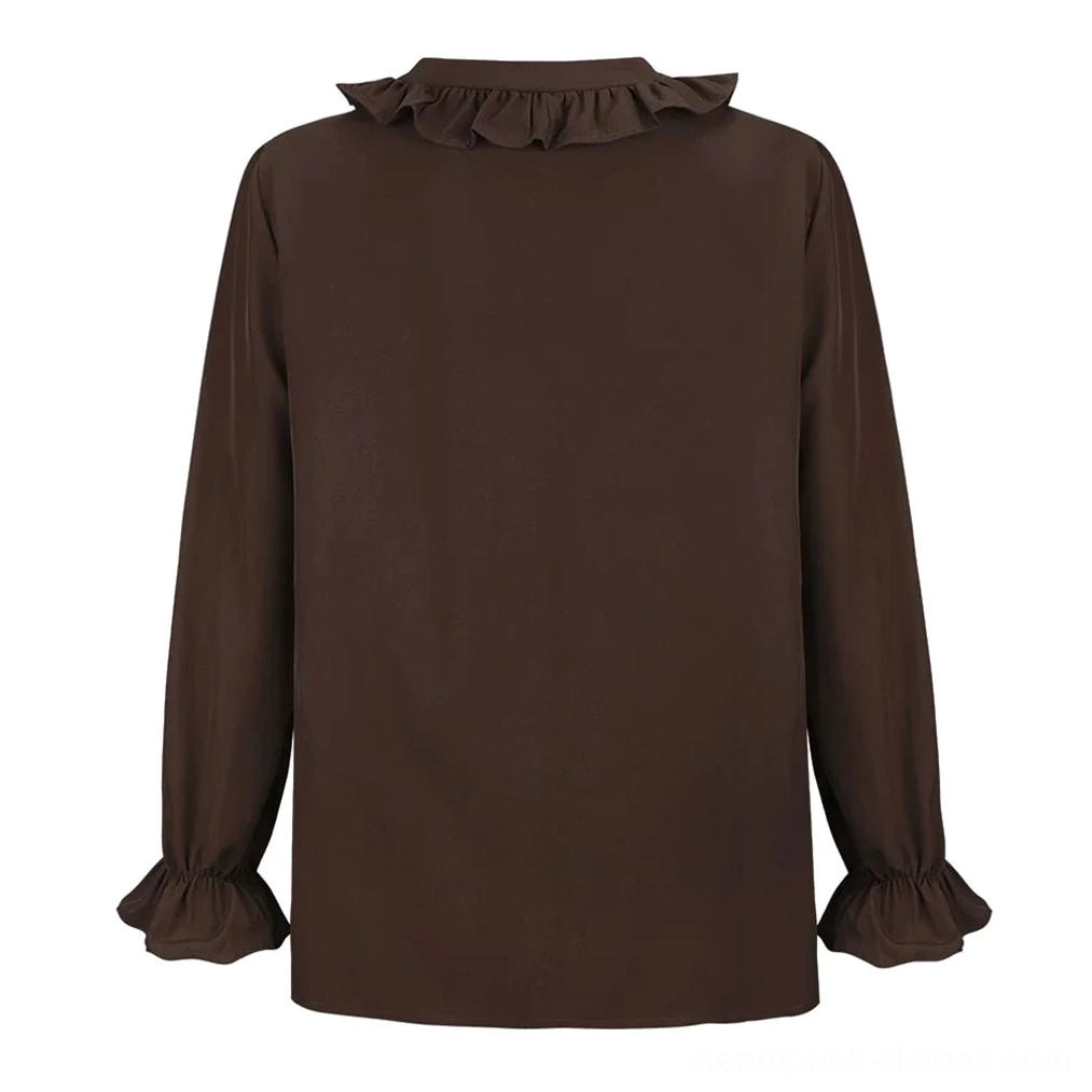 Rear view of brown steampunk shirt showing ornate ruffled back collar and fitted long cuffs