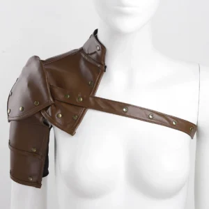 Brown faux leather asymmetrical steampunk shoulder armor with bronze metal rivets and adjustable cross-shoulder strap, displayed on female mannequin from front perspective showing industrial aesthetic and Victorian-inspired design