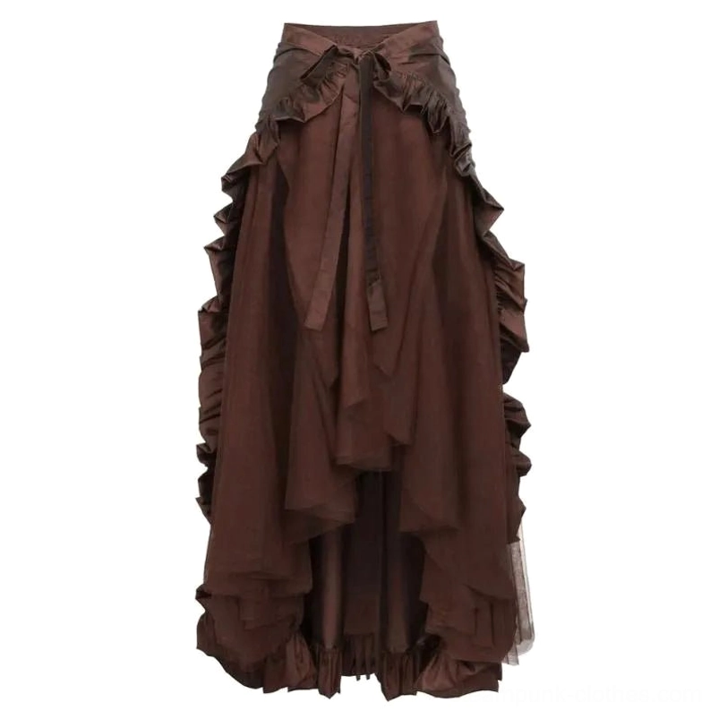 Brown steampunk high-low skirt with tulle hem and side ruffles full front view on neutral background