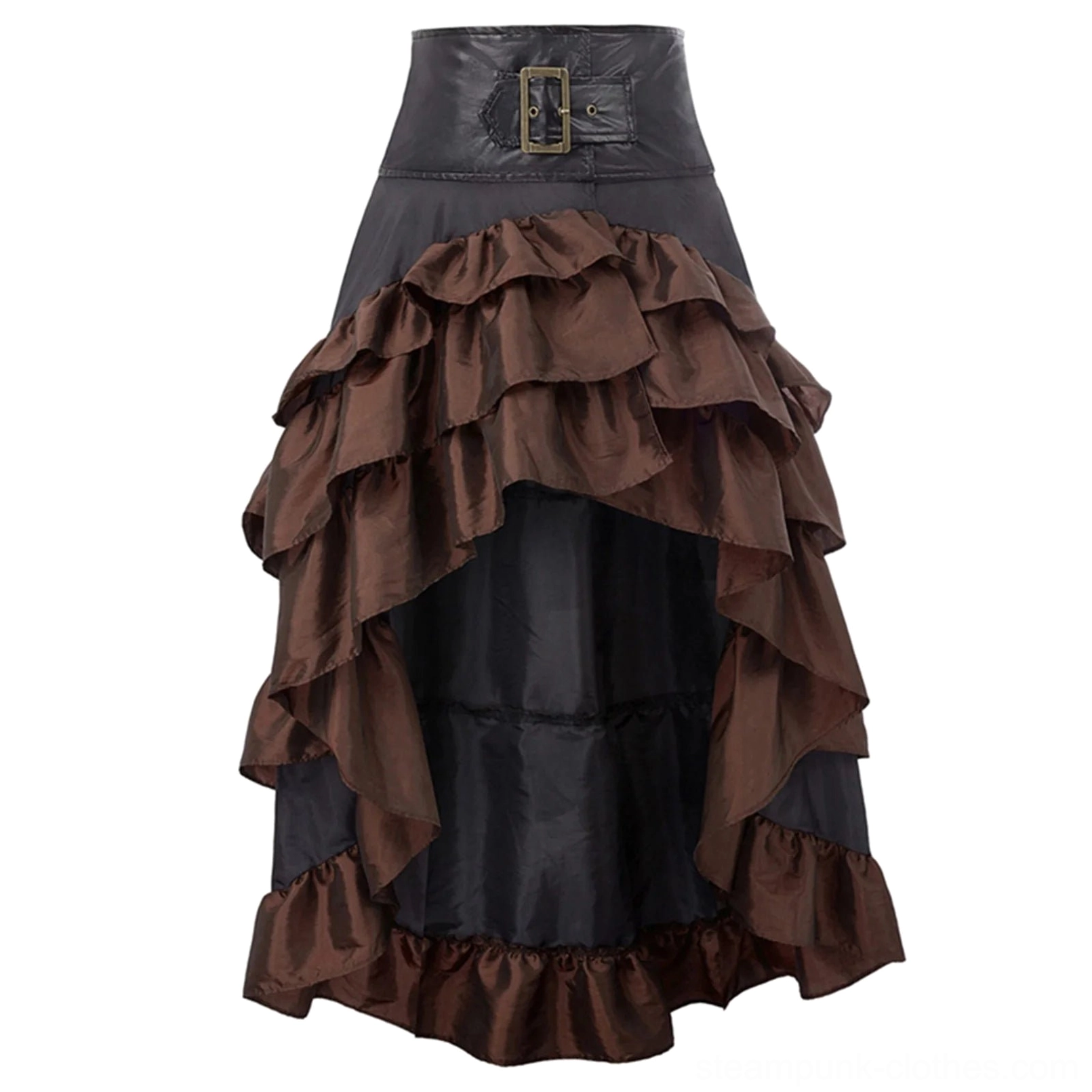 Close-up front display of brown steampunk bustle skirt featuring square metal buckle waist belt and precisely tiered ruffled layers