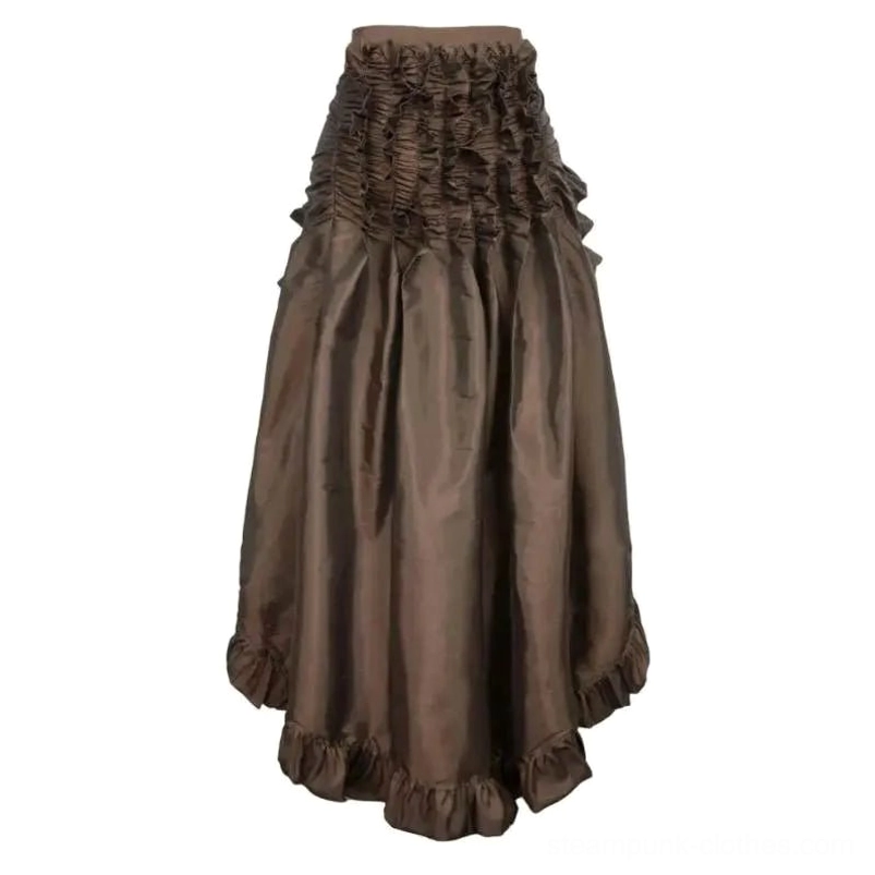 Brown steampunk overlay skirt with ruched waist and ruffled bottom hem front view display