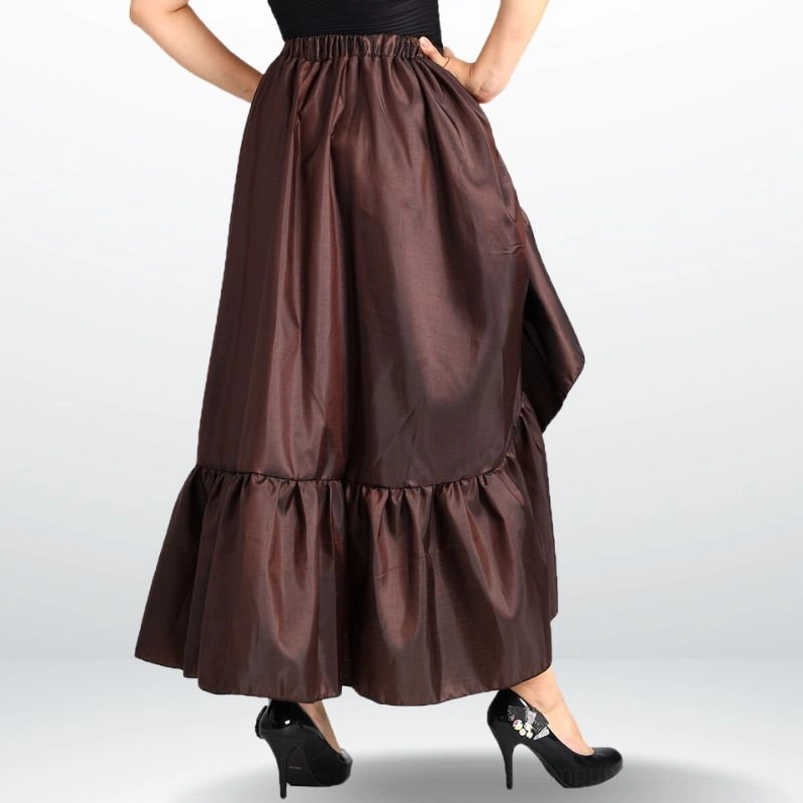 Side rear view of brown high-low steampunk skirt showing tiered ruffled layers and elastic waist construction