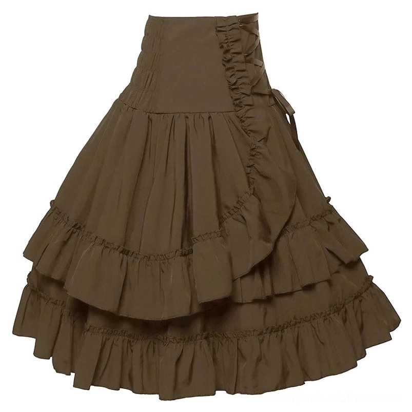 Brown high-waisted ruffled steampunk midi skirt with side tiered ruffles and two-tier layered hem silhouette