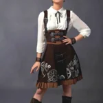 Brown steampunk suspender dress with gear embroidery, worn by fashion model, front three-quarter view showing silver gear prints on suede skirt and coordinating white blouse with black necktie