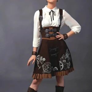 Brown steampunk suspender dress with gear embroidery, worn by fashion model, front three-quarter view showing silver gear prints on suede skirt and coordinating white blouse with black necktie