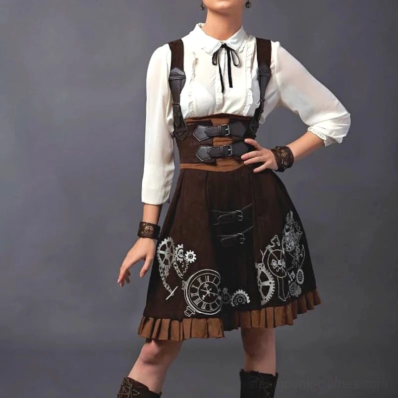 Brown steampunk suspender dress with gear embroidery, worn by fashion model, front three-quarter view showing silver gear prints on suede skirt and coordinating white blouse with black necktie