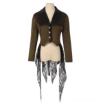 Brown steampunk gothic tailcoat jacket front view with black satin lapels and asymmetrical lace-trimmed tail hem on dress form mannequin