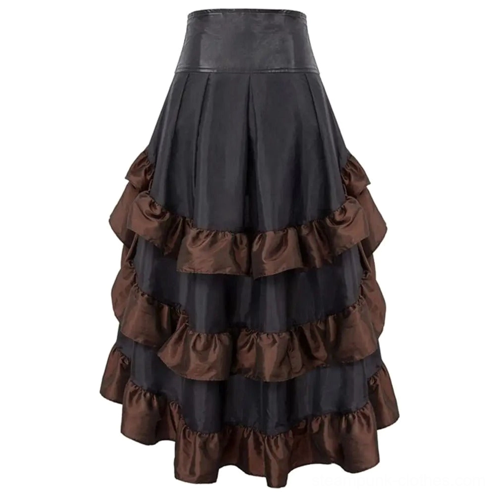 Full front view solo display of brown steampunk tiered ruffle skirt with high-low hemline showing layered ruffled construction detail