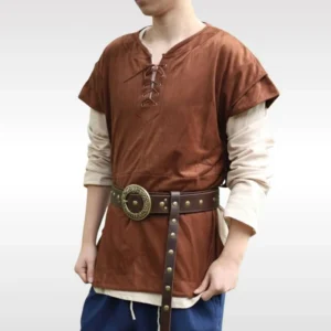 Brown faux suede steampunk tunic vest with metal eyelet lace-up neckline, front three-quarter view on male model wearing layered linen undershirt