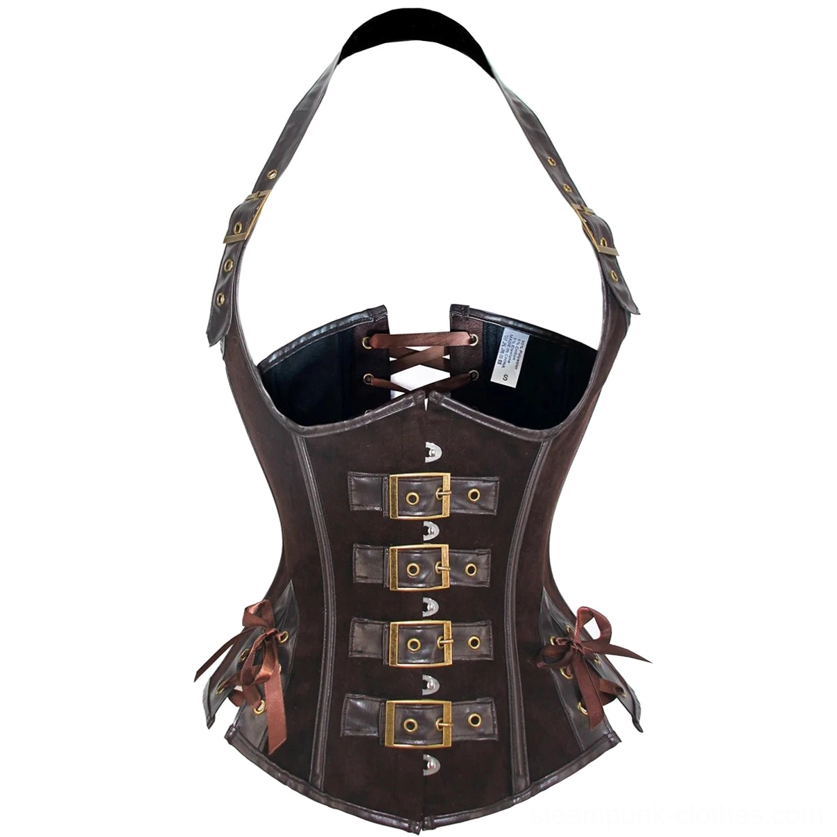 Back view of brown steampunk underbust corset displaying halter neck straps, back lace-up, and side tie fasteners