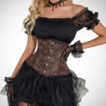 Steampunk underbust corset front view on model wearing black lace off-shoulder top with ruffle sleeves, studio photography
