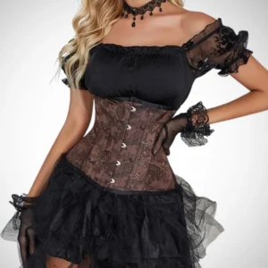 Steampunk underbust corset front view on model wearing black lace off-shoulder top with ruffle sleeves, studio photography