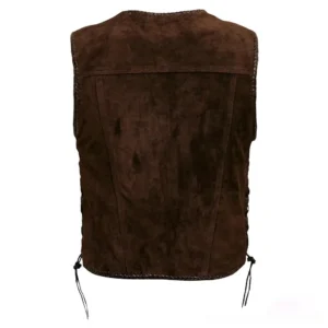 Brown suede steampunk vest back view showing stitched panel details and side lace-up eyelet construction
