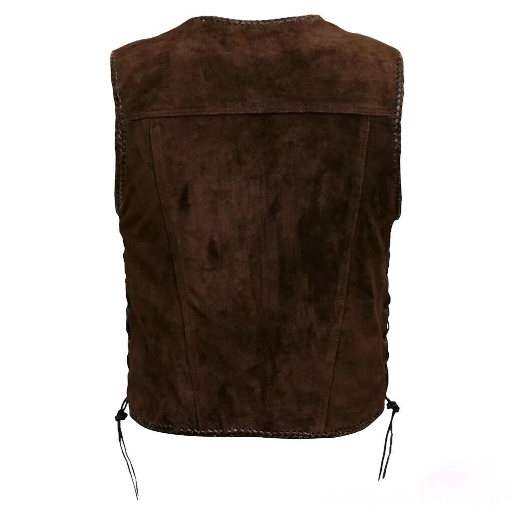 Brown suede steampunk vest back view showing stitched panel details and side lace-up eyelet construction