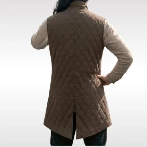 Brown quilted steampunk vest rear view showing back split hem and diamond quilting pattern