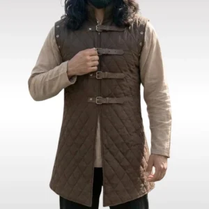 Brown diamond-quilted steampunk vest front view with leather buckles and high collar on male model