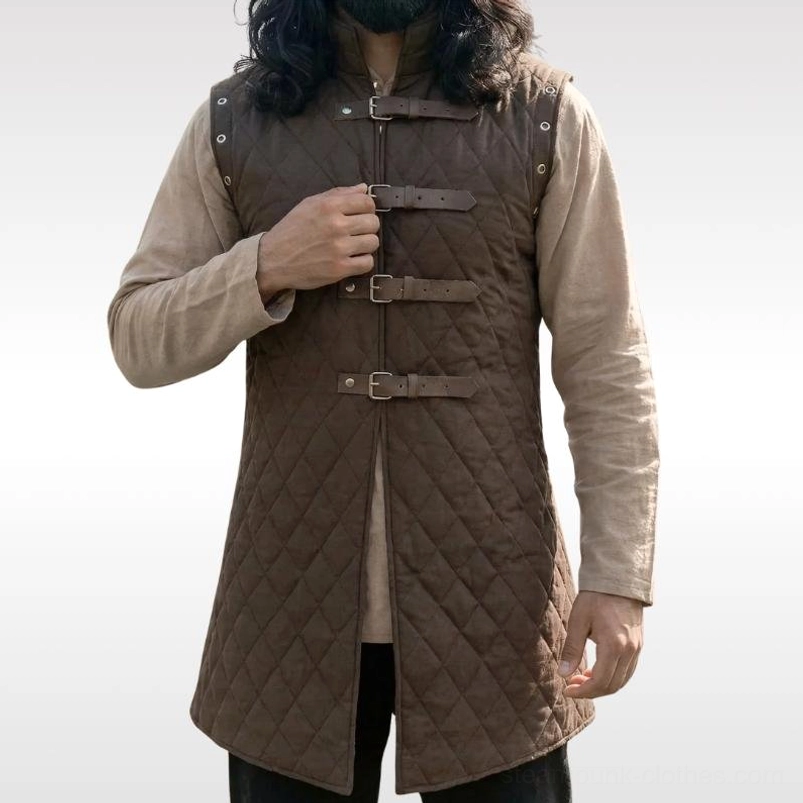 Brown diamond-quilted steampunk vest front view with leather buckles and high collar on male model