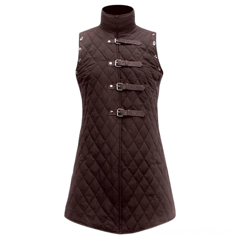 Brown steampunk vest full view on mannequin displaying stand collar and metal eyelets