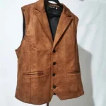 Brown suede post-apocalyptic steampunk vest front view with notched lapel collar and black button closure on white background